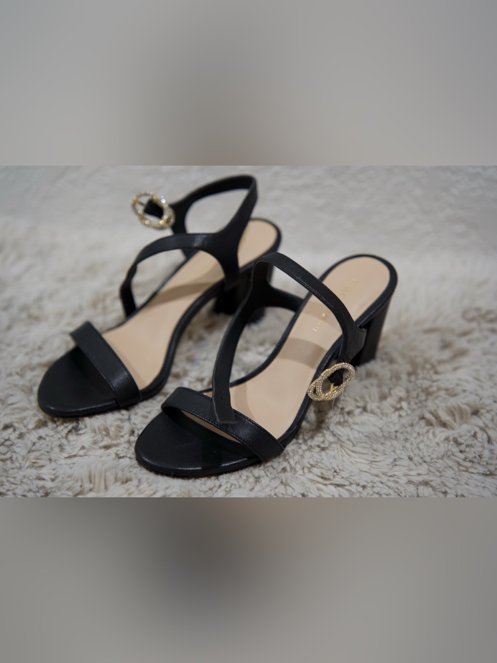 Stuart Weitzman Black Strappy Mid Block Heel Sandals with Gold Accent